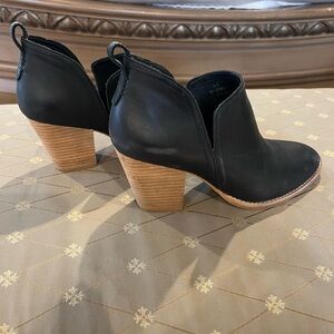 Women’s Black Leather Cutout Ankle Booties with Wood Block Heel